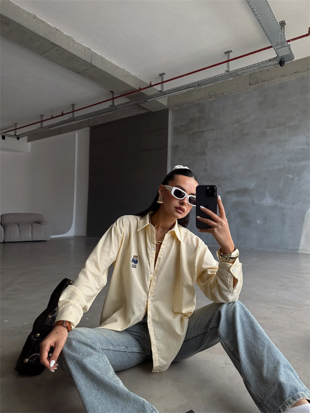 Bear Nakışlı Çizgili Gömlek - Sarı