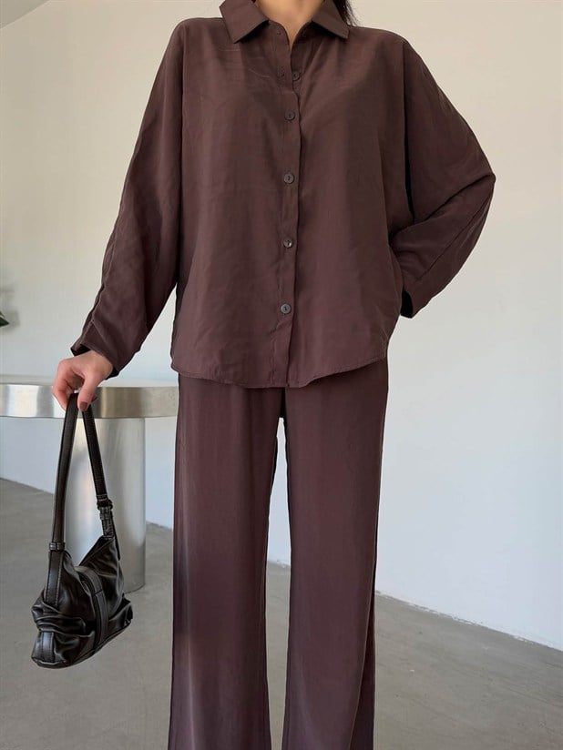 Tensel Yarasa Gömlekli Palazzo Takım - Kahve