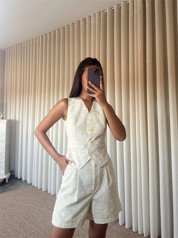 Desenli Şort-Yelek Takım  - Sarı