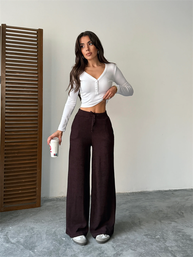 Bel Bağcık Fitilli Pantolon - Kahve