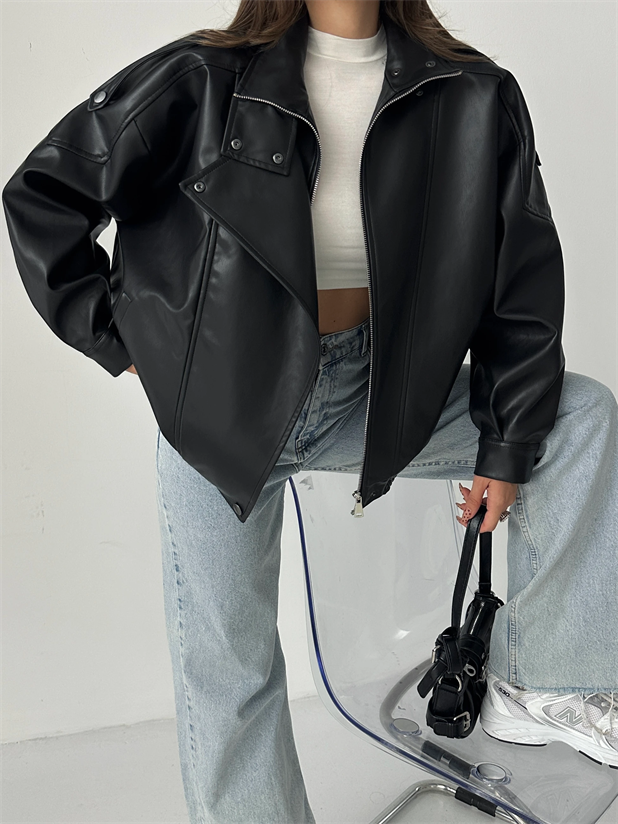 Oversize Iconıc Deri Ceket  - Siyah