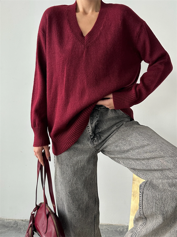 V Yaka Ribanalı Triko Kazak - Bordo