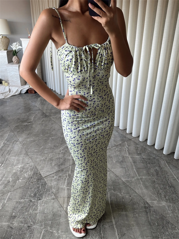 Çiçek Desen Maxi Elbise  - Yeşil