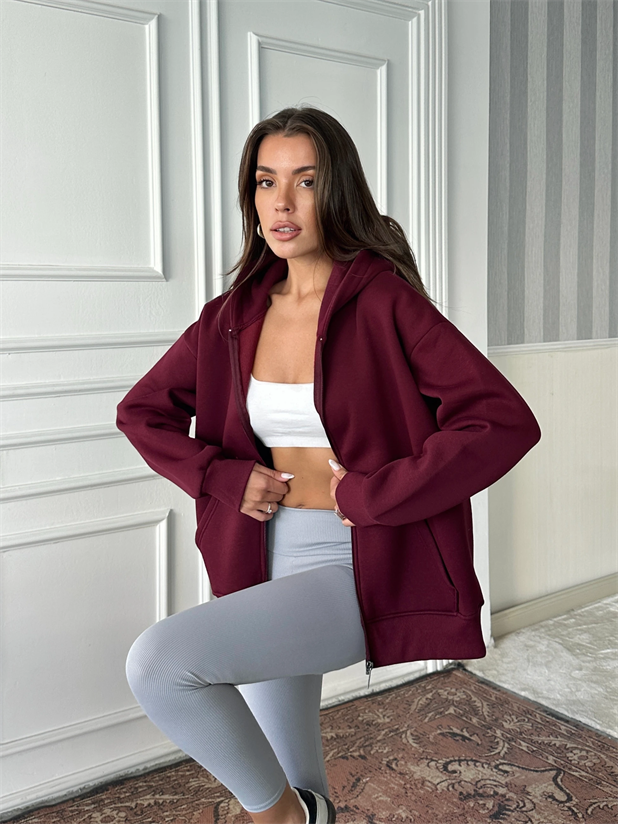 Fermuarlı Cepli Sweat - Bordo
