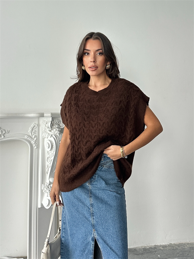 Saç Örgü Oversize Süveter - Kahve