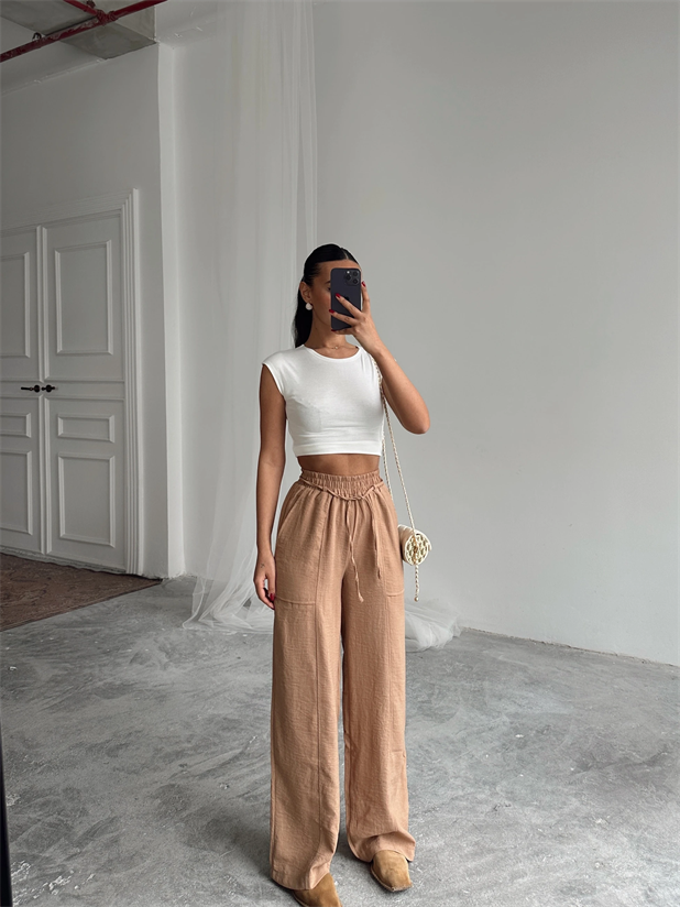 Belina Keten Bel Detay Pantolon Vizon - Vizon