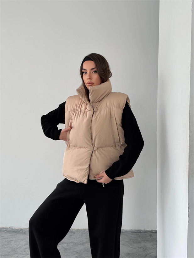 Düğmeli Yan Cep Detay Şişme Yelek - Taş