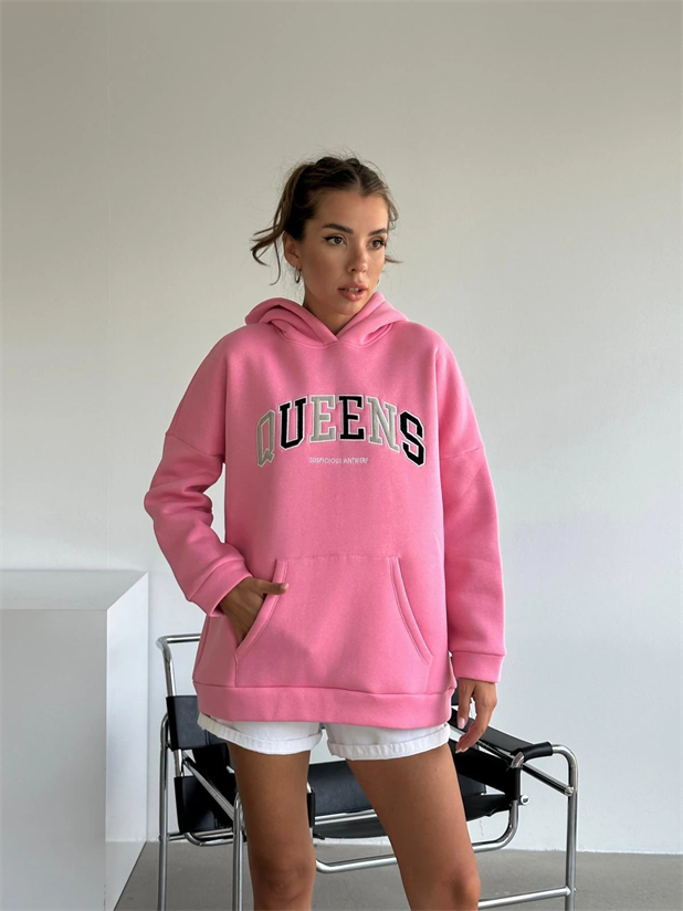 Queens Üç İplik Kapüşonlu Oversize Sweat Pembe - Pembe