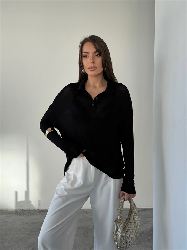 Polo Yaka Salaş Bluz - Siyah