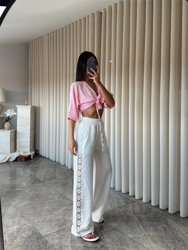 Dantel Detay Keten Pantolon   - Beyaz