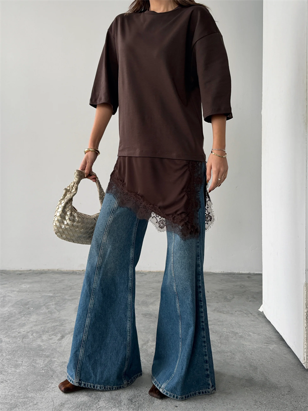 Dantel Detaylı Oversize Basic - Kahve