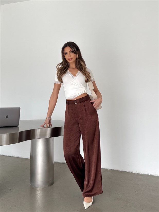 Kemerli Saten Pantolon - Kiremit