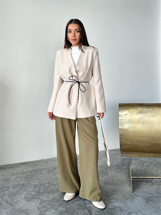 Deri Kemerli Blazer Ceket - Taş