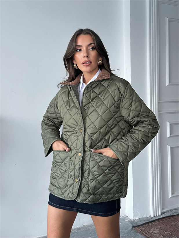 Yakası Kadife Kapitone Mont - Haki