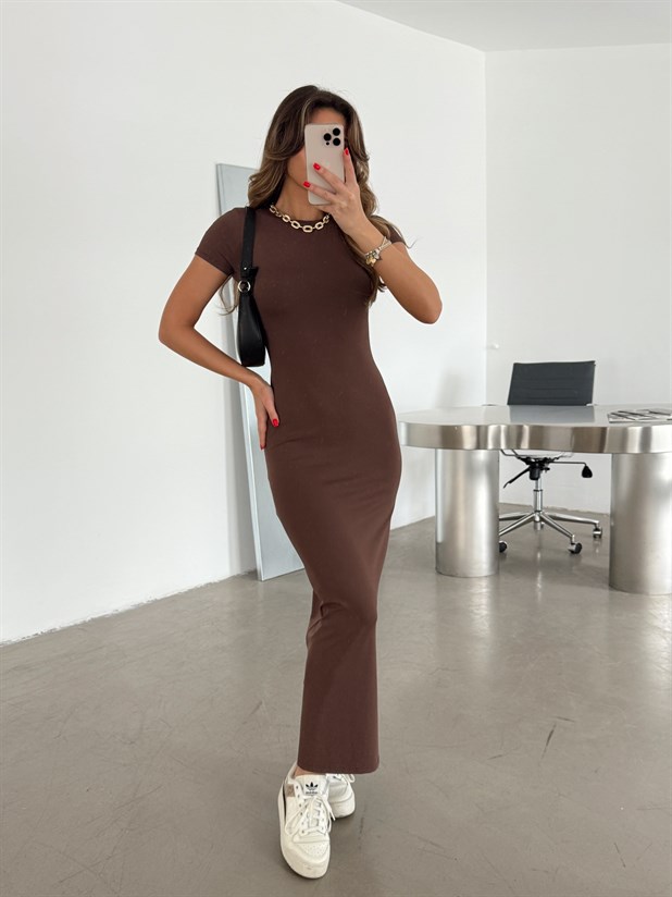 Kısa Kollu Basic Elbise - Kahve