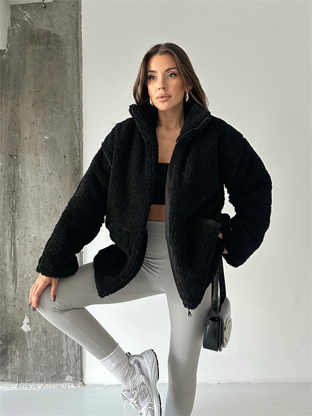 İç Astarlı Oversize Peluş Mont  - Siyah