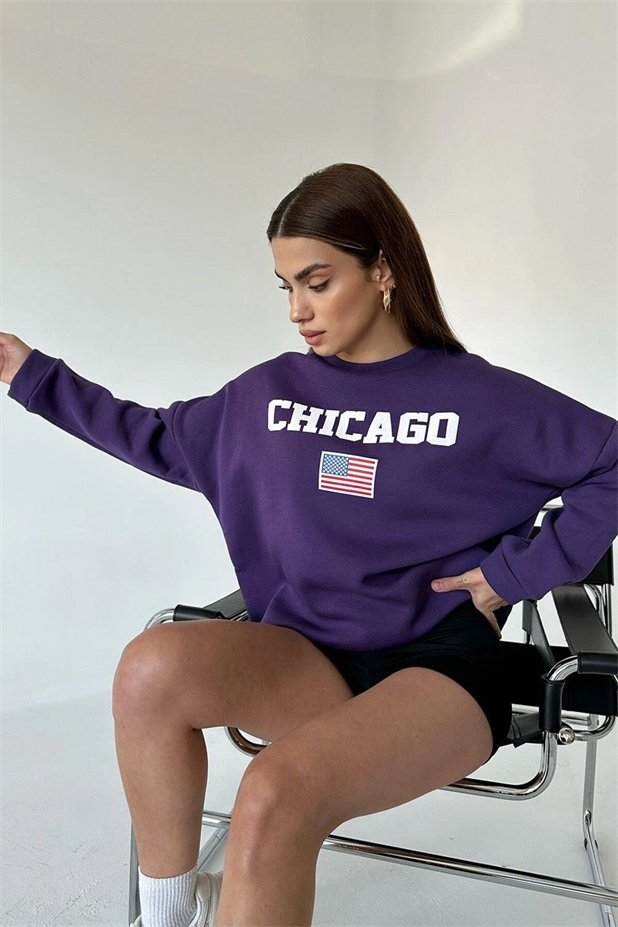 State Baskı Üç İplik Şardonlu Sweat Mor - Mor