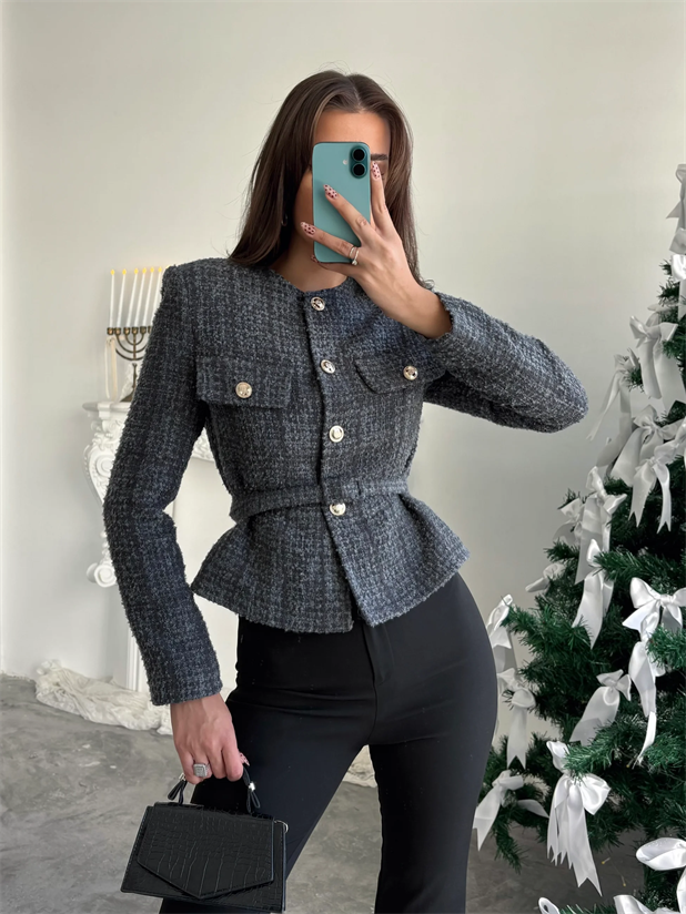 Kemer Detaylı Düğmeli Ceket - Füme