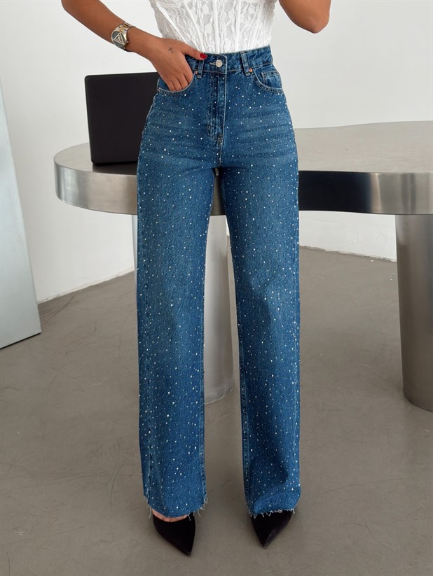 Premium Parlak Taş Detaylı Jean  - Mavi