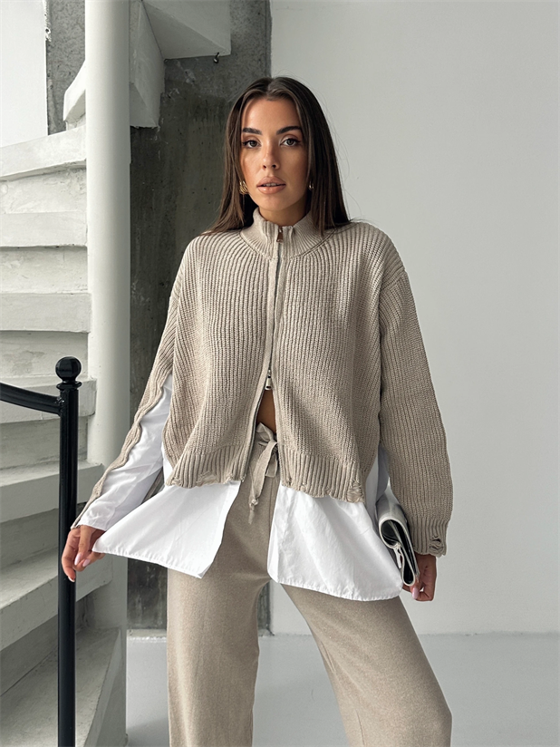 Poplin Fermuarlı Triko Takım - Vizon