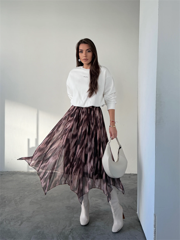 Beli Lastikli Asimetrik Şifon Etek - Ebruli