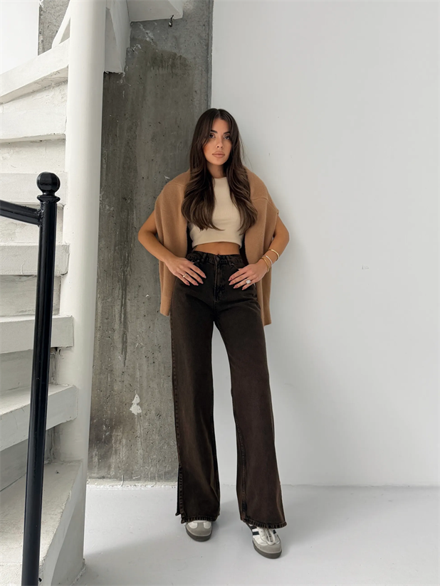 Paçası Yırtmaçlı Jean  - Kahve Yıkama