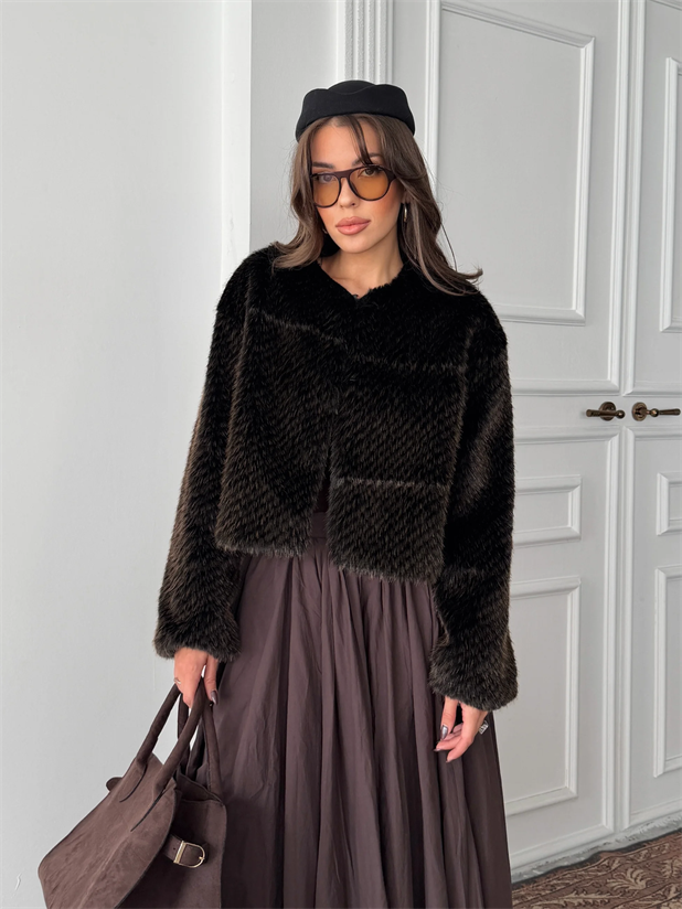 Premium Crop Kürk - Kahve Desenli