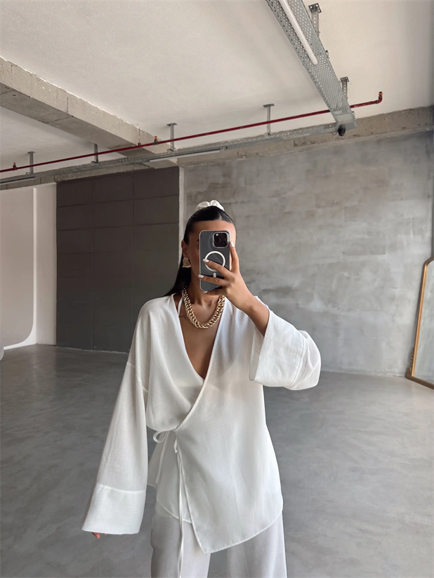 Belden Bağlamalı Keten Kimono Takım - Beyaz