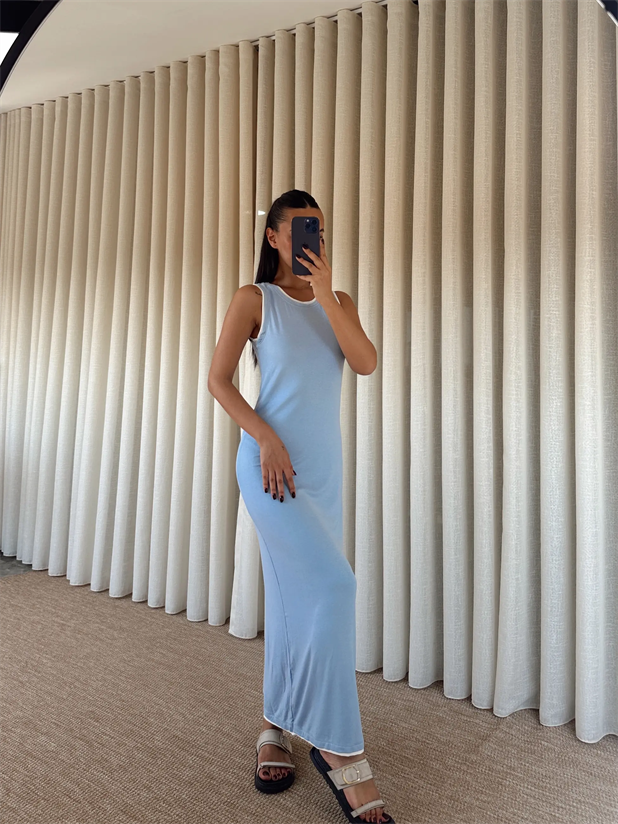 Sıfır Kol Şerit Detay Elbise  - Bebe Mavi