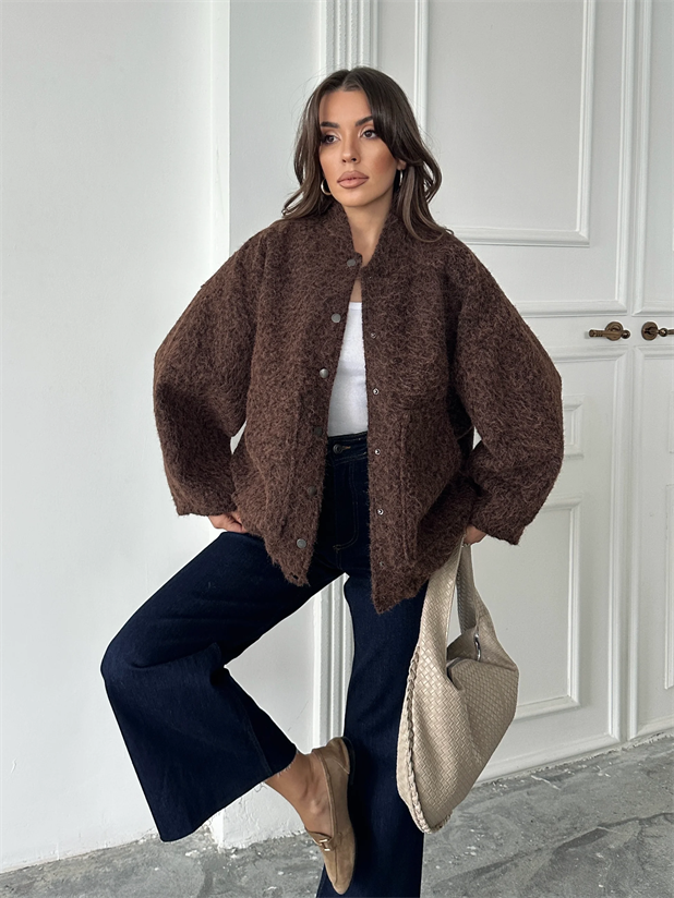 Kırçıllı Kaşe Mont - Koyu Kahve