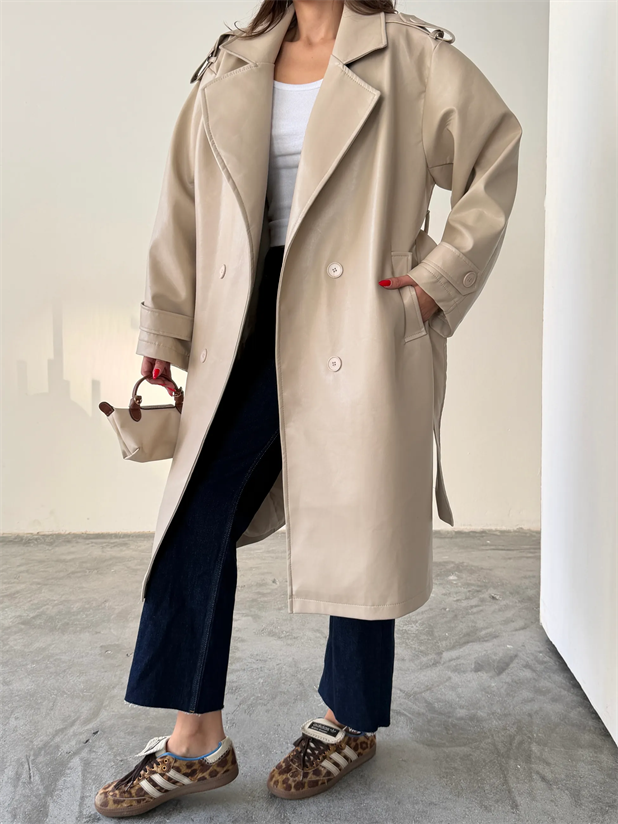 Apolet Detaylı Deri Trençkot - Taş