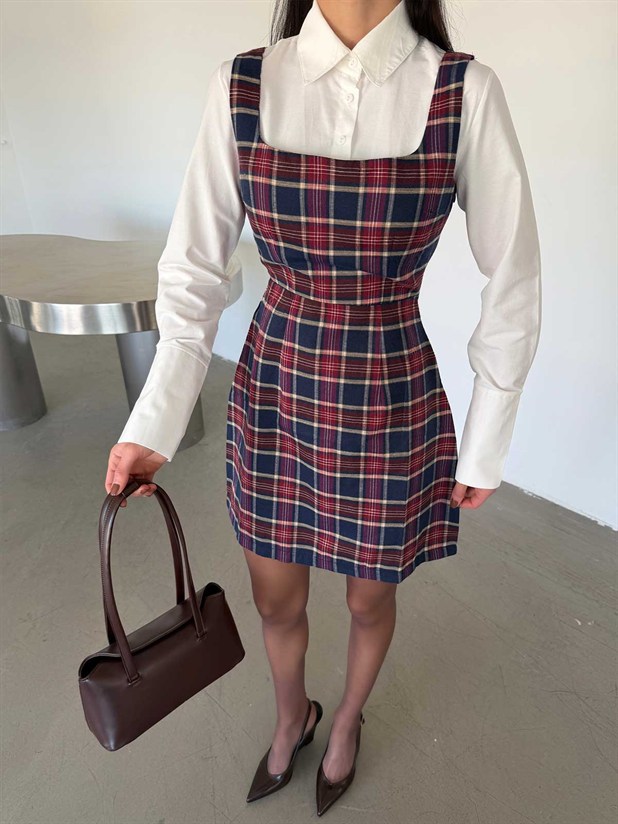 Birleşik Gömlekli Ekose Elbise - Lacivert