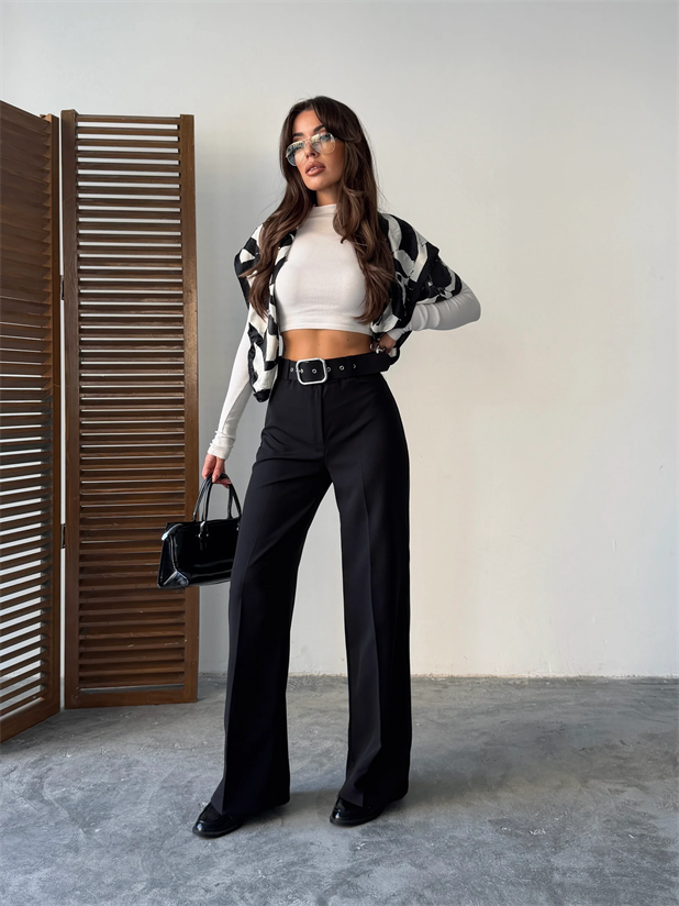 Kemerli Palazzo Pantolon  - Siyah