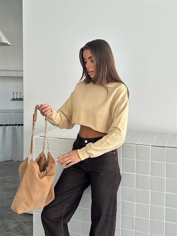 Dikişsiz Crop Sweat - Vizon