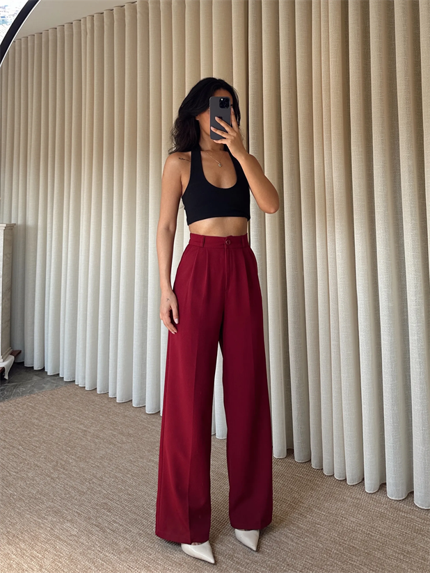 Bel Lastik Palazzo Pantolon - Bordo