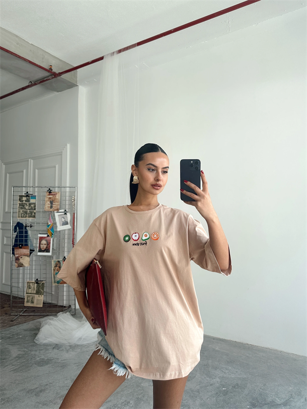 Fruit Nakış Basic T-shirt Vizon - Vizon