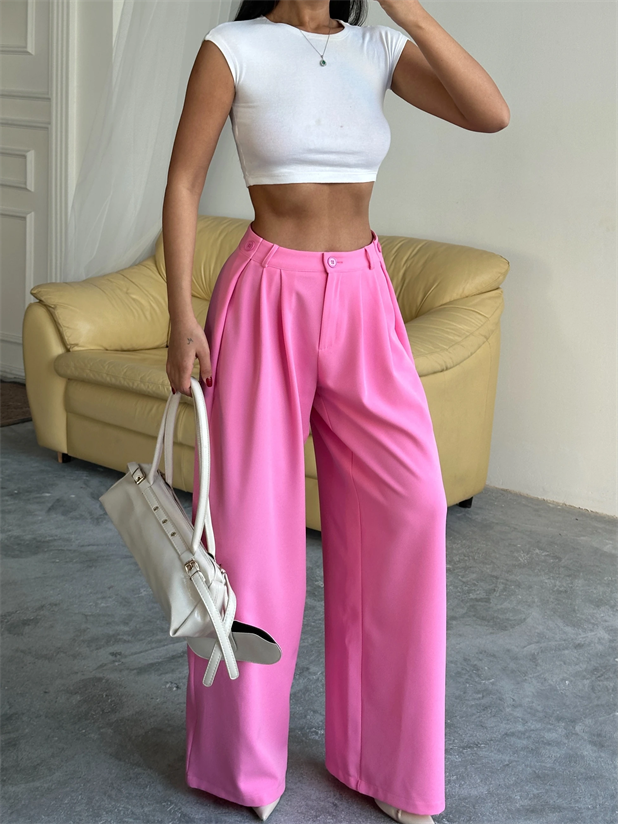 Yandan Katlama Düğme Detay Palazzo - Pembe