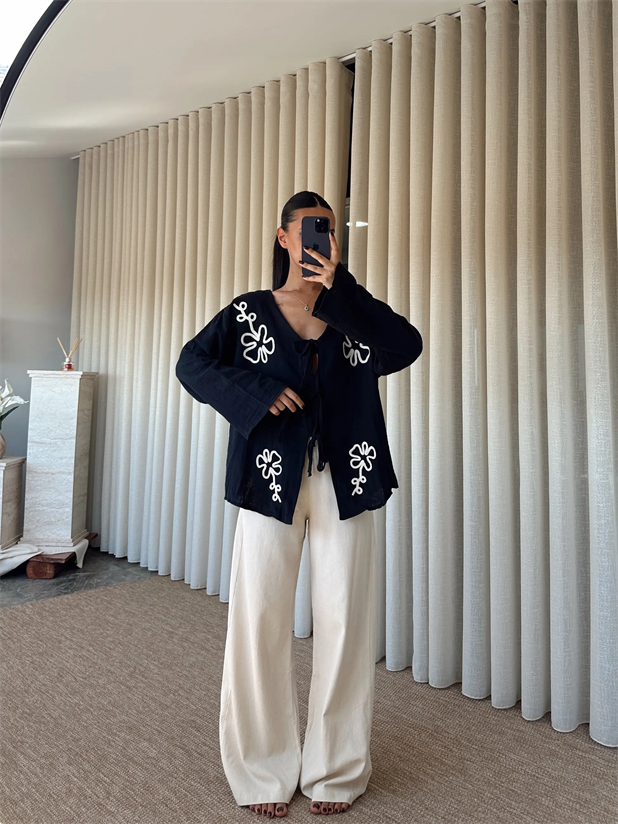 Nakışlı Kimono Takım  - Siyah
