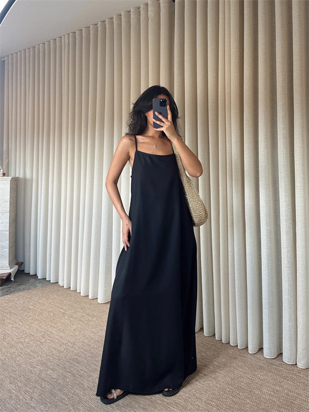 Cepli Keten Elbise - Siyah