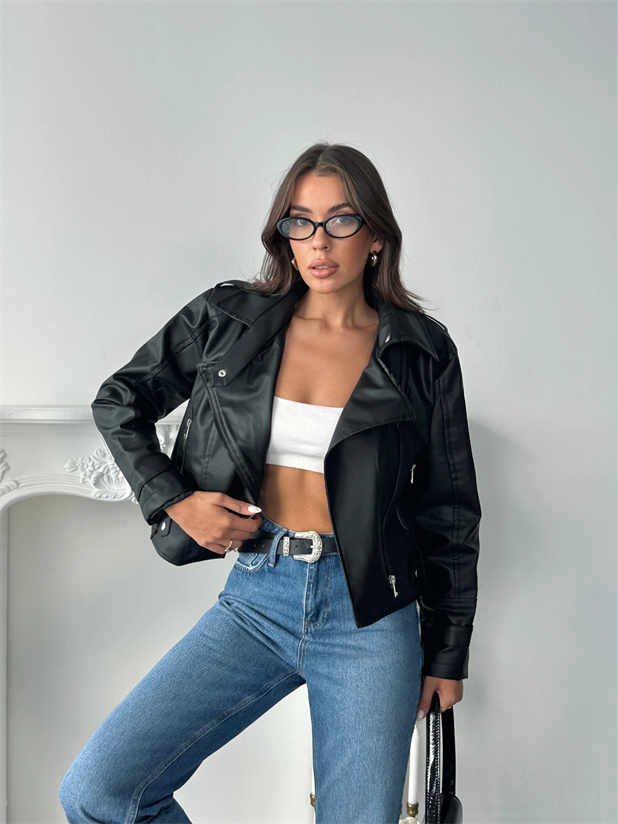 Yandan Fermuarlı Deri Ceket - Siyah