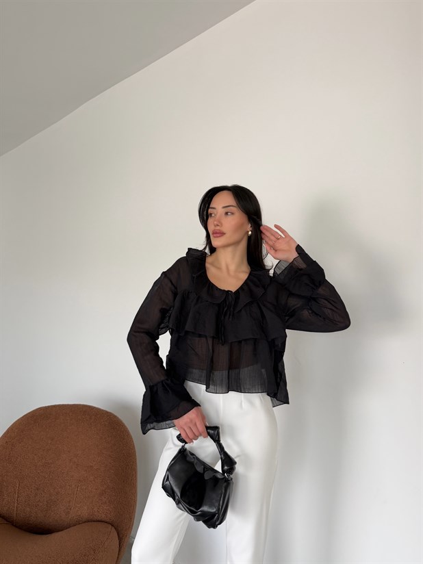 Fırfır Detaylı Bluz - Siyah