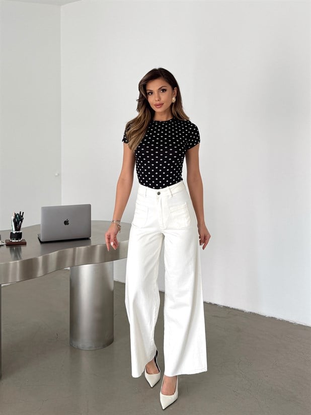 Çift Cep Palazzo Jean - Ekru