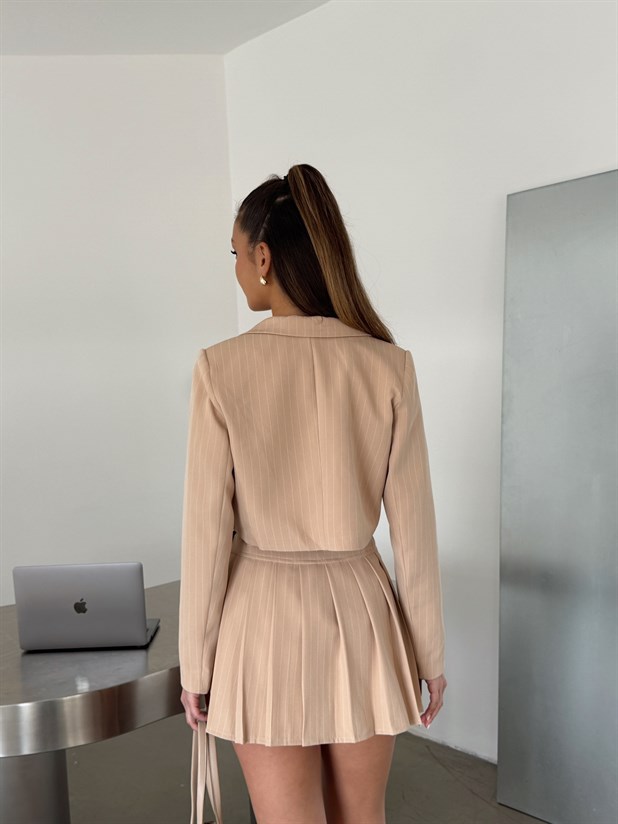 Çizgili Crop Ceket - Bej