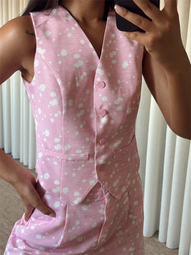 Desenli Şort-Yelek Takım  - Pembe