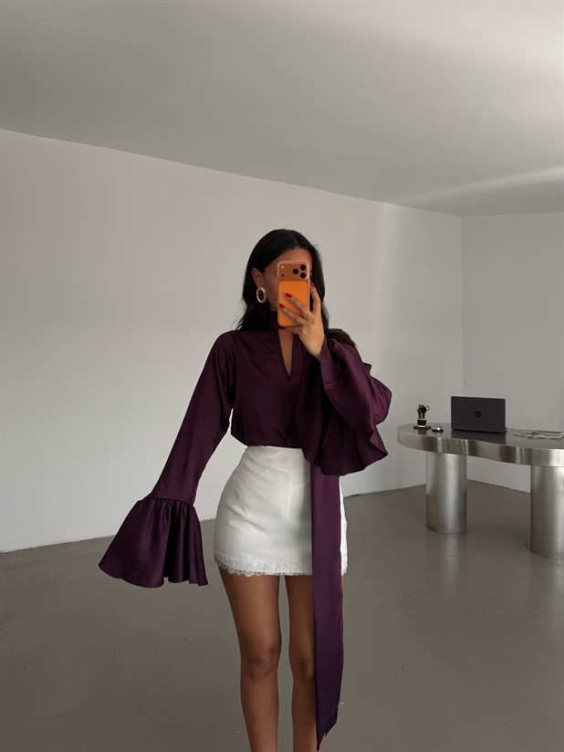 Fular Detay İspanyol Kol Saten Bluz - Mürdüm