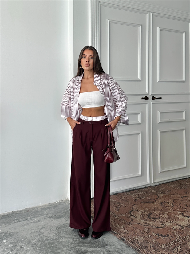 Bel Çizgi Detay Gömlekli Takım - Bordo