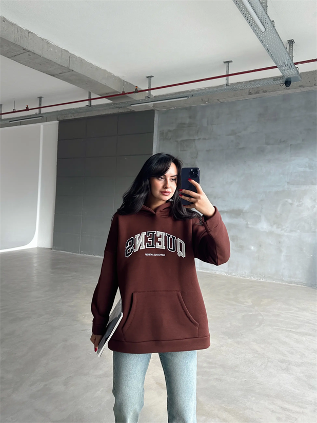 Queens Üç İplik Kapüşonlu Oversize Sweat Kahverengi - Kahverengi