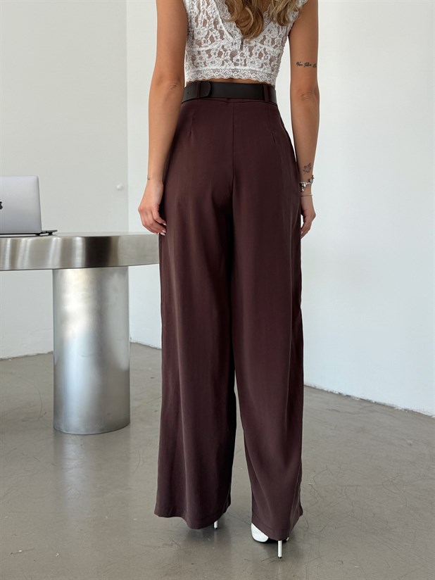 Geniş Kemerli Modal Pantolon - Kahve