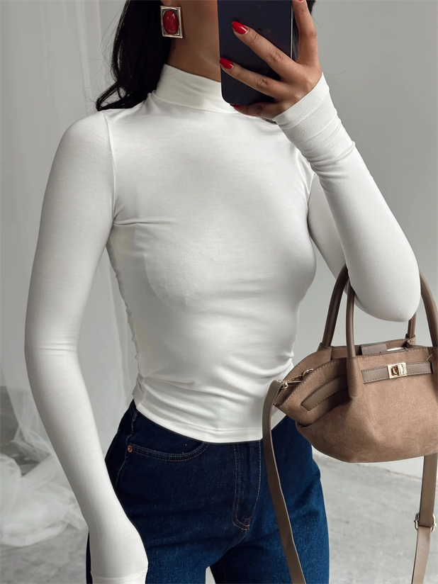 Dik Yaka Balıkçı Bluz Beyaz - Beyaz