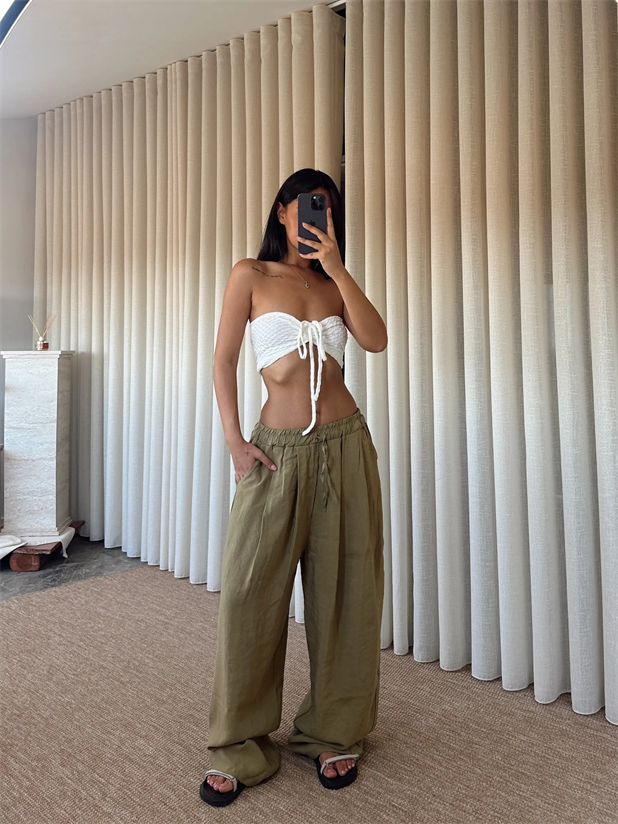 Modal Bağcıklı Palazzo Pantolon - Yağ Yeşili